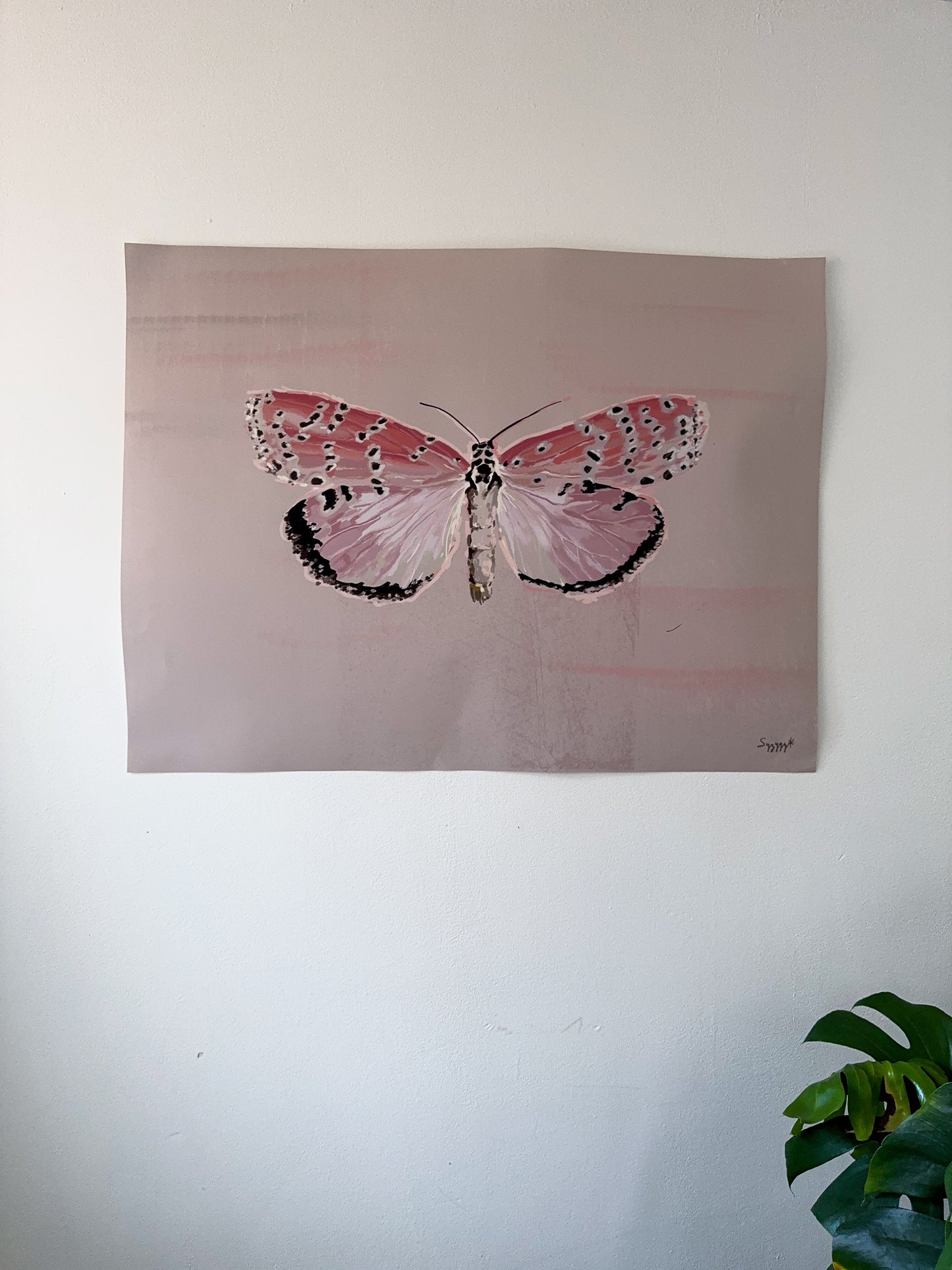 Vintage art print pink butterfly