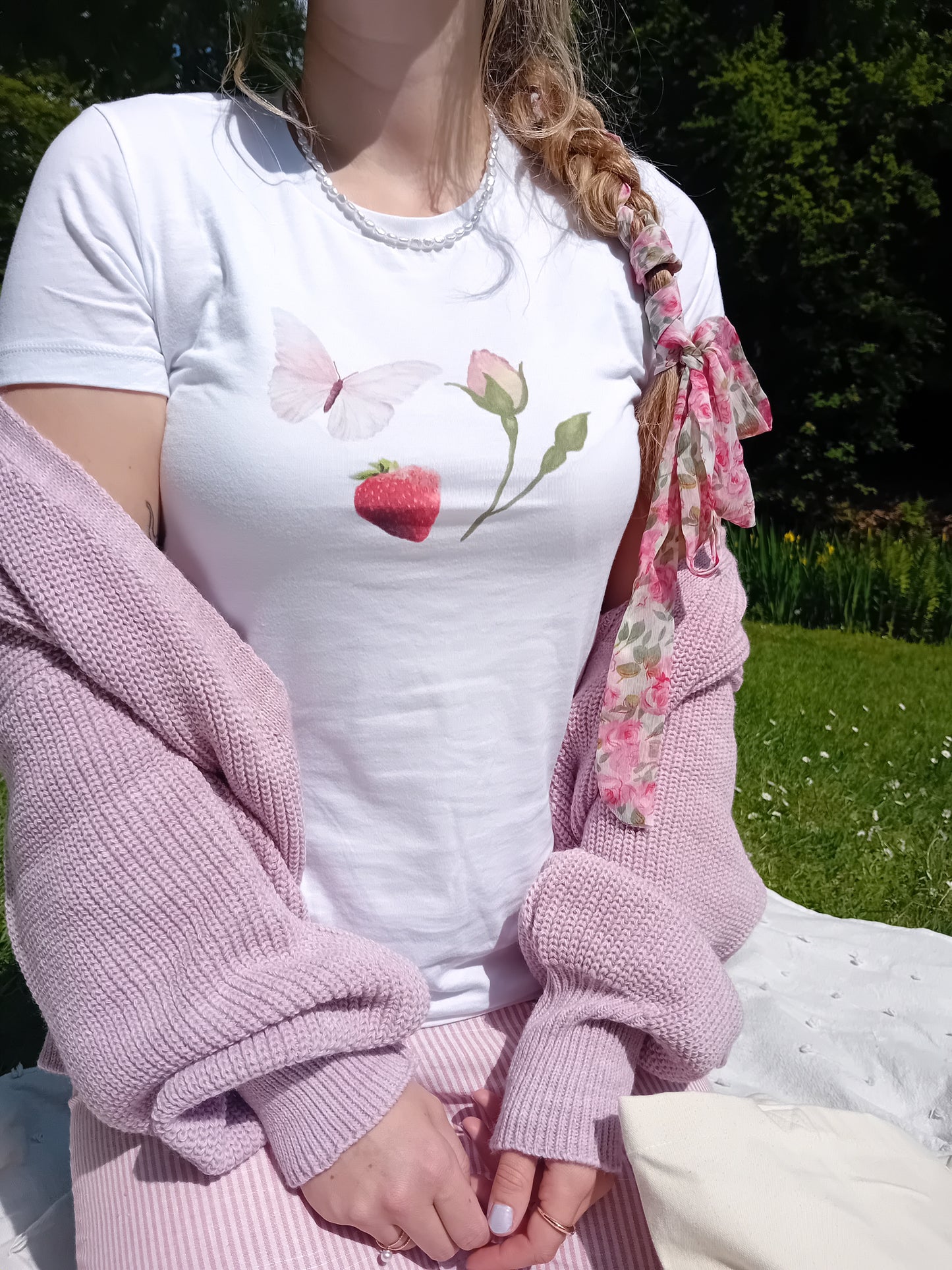 Coquette woman tee, retro butterfly strawberry rose top