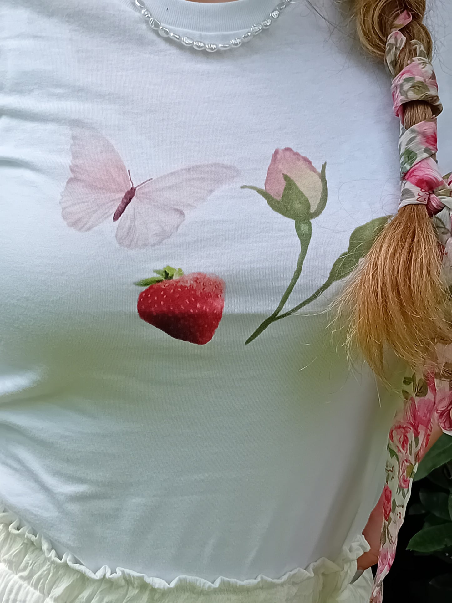 Coquette woman tee, retro butterfly strawberry rose top