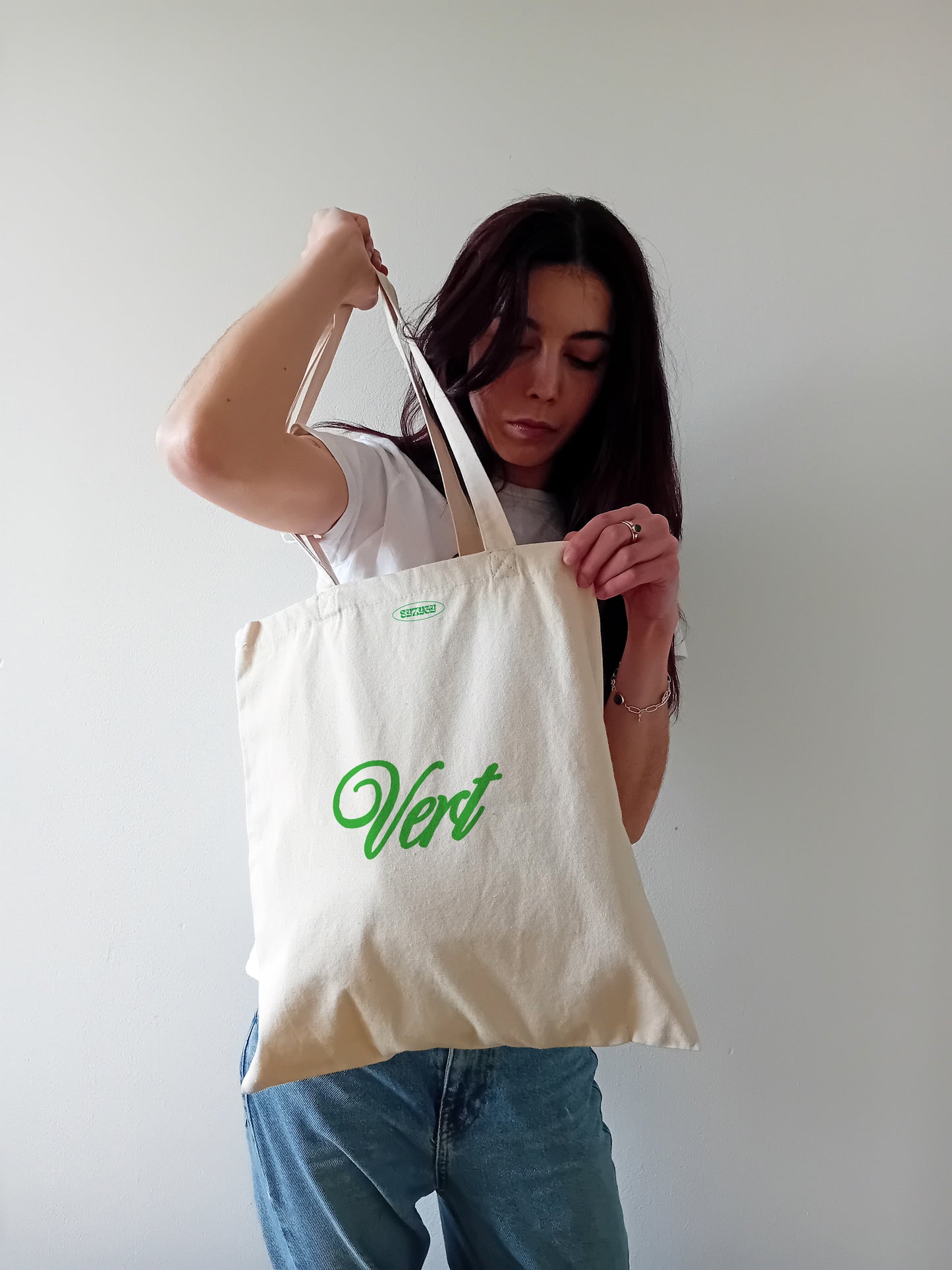 Aesthetic green natural woman tote bag, retro aesthetic vert shopper