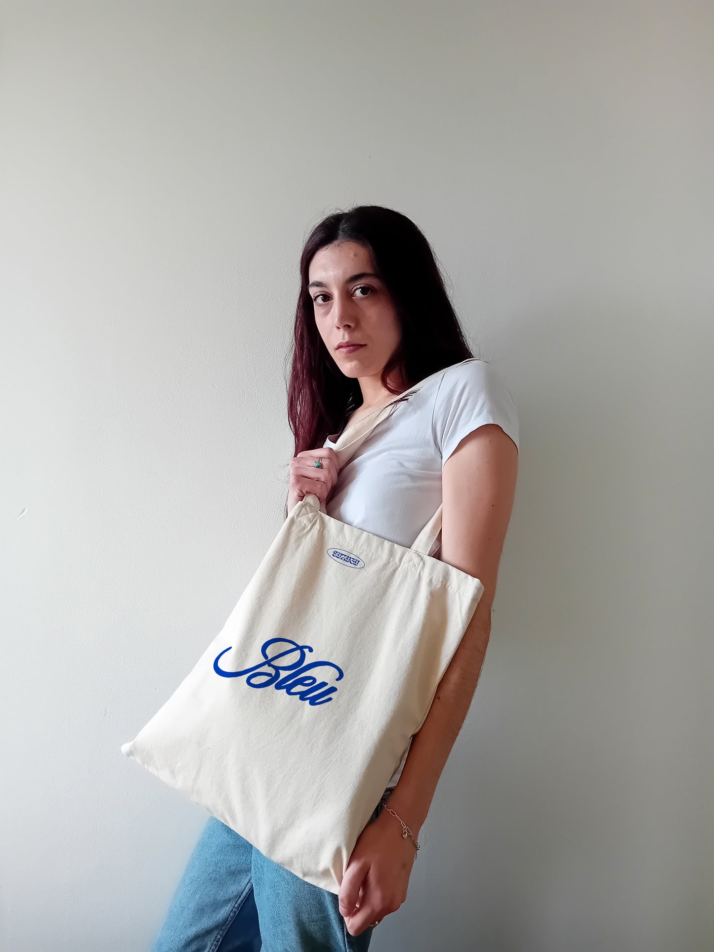 Aesthetic blue natural woman tote bag, retro Bleu lettering shopper