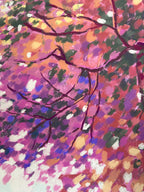 Colorful abstract painting of a tree with pink, purple, and green hues, detailed close up