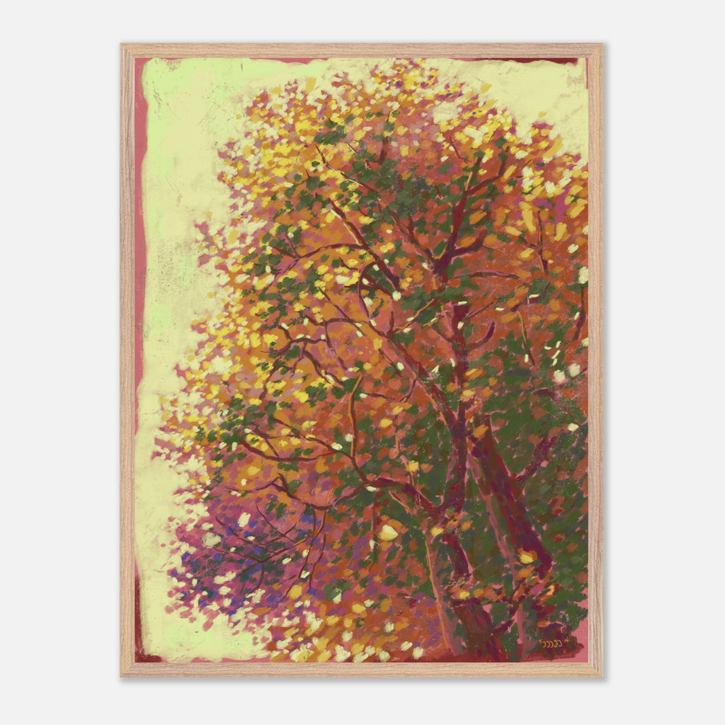 Framed artwork of a tree with autumn leaves on a textured yellow background