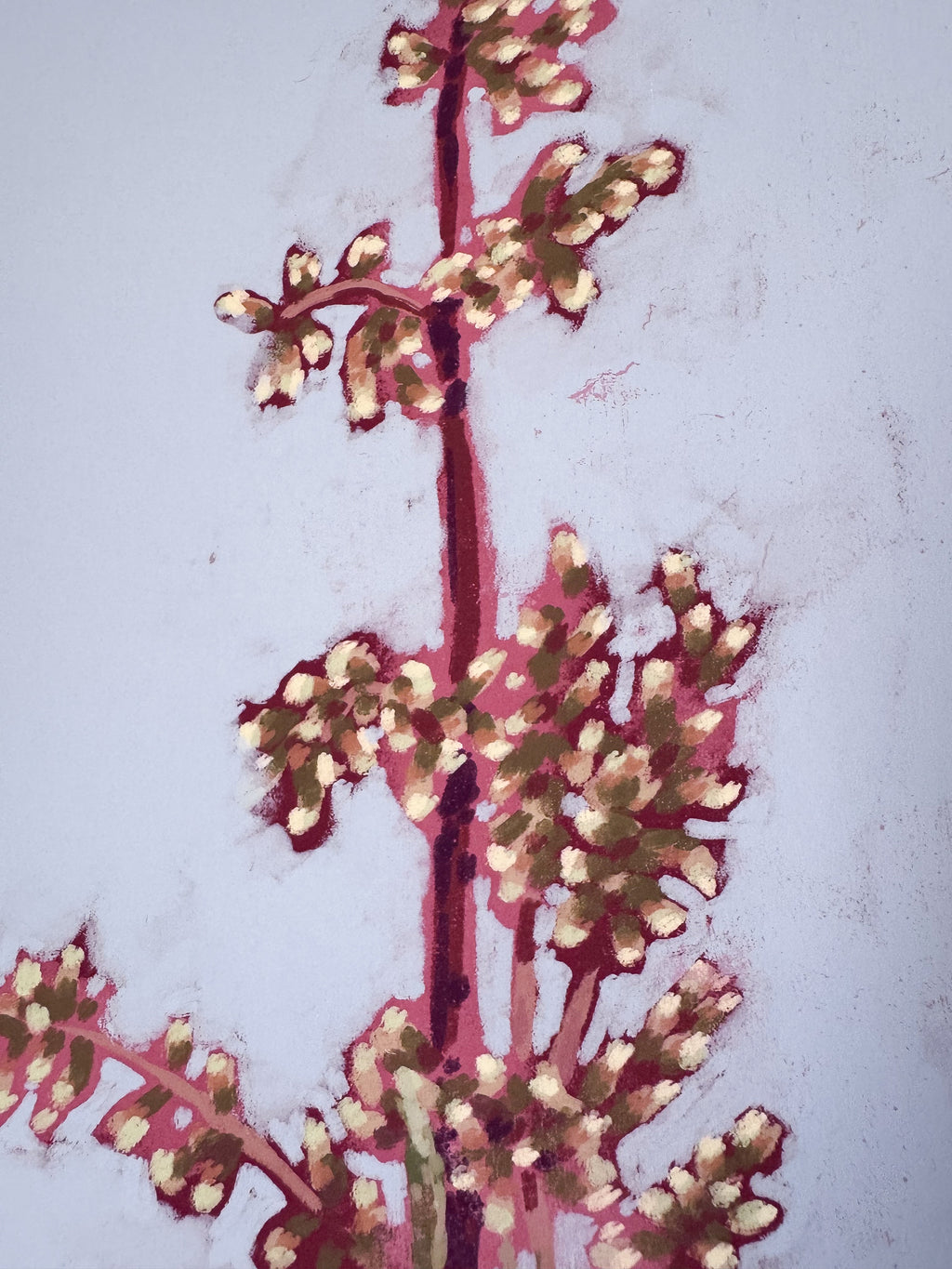 Close-up of an art print with floral painting on a blue background