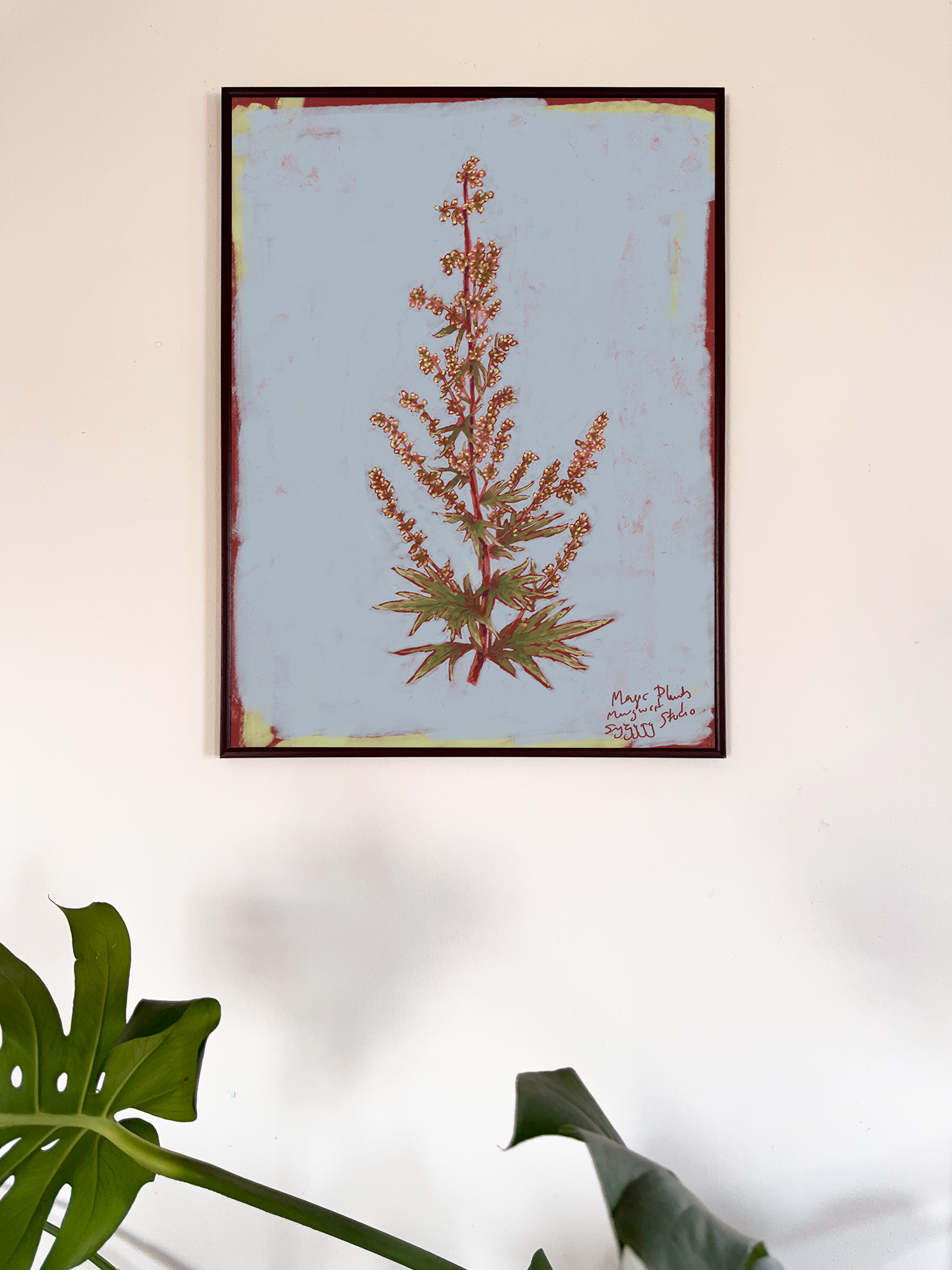 Framed botanical print of a plant on a light background