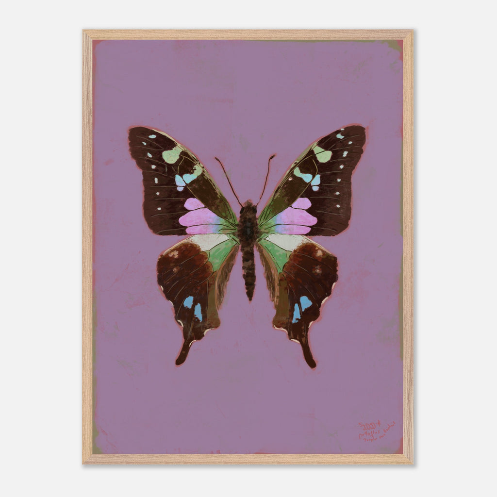 Framed artwork of a butterfly on a purple background