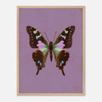 Framed artwork of a butterfly on a purple background