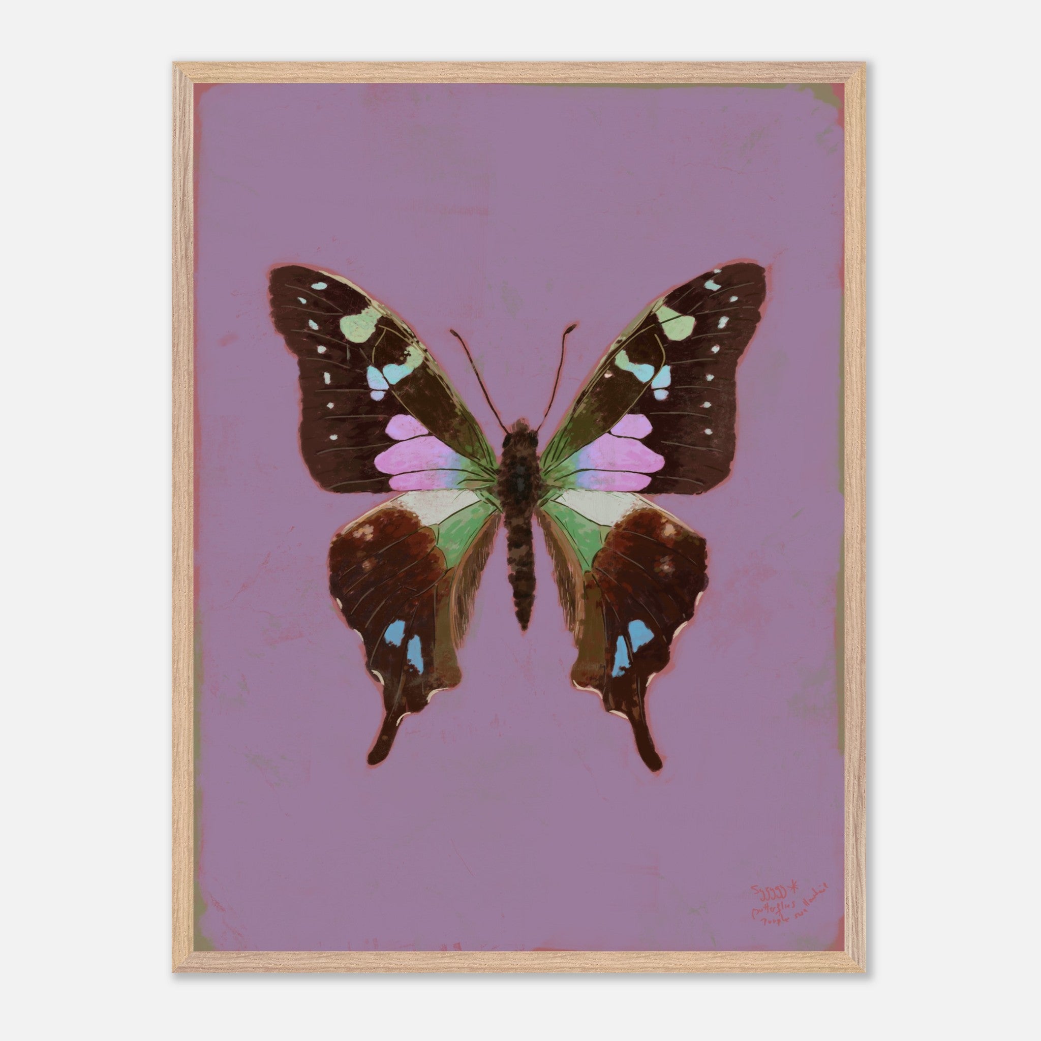 Framed artwork of a butterfly on a purple background