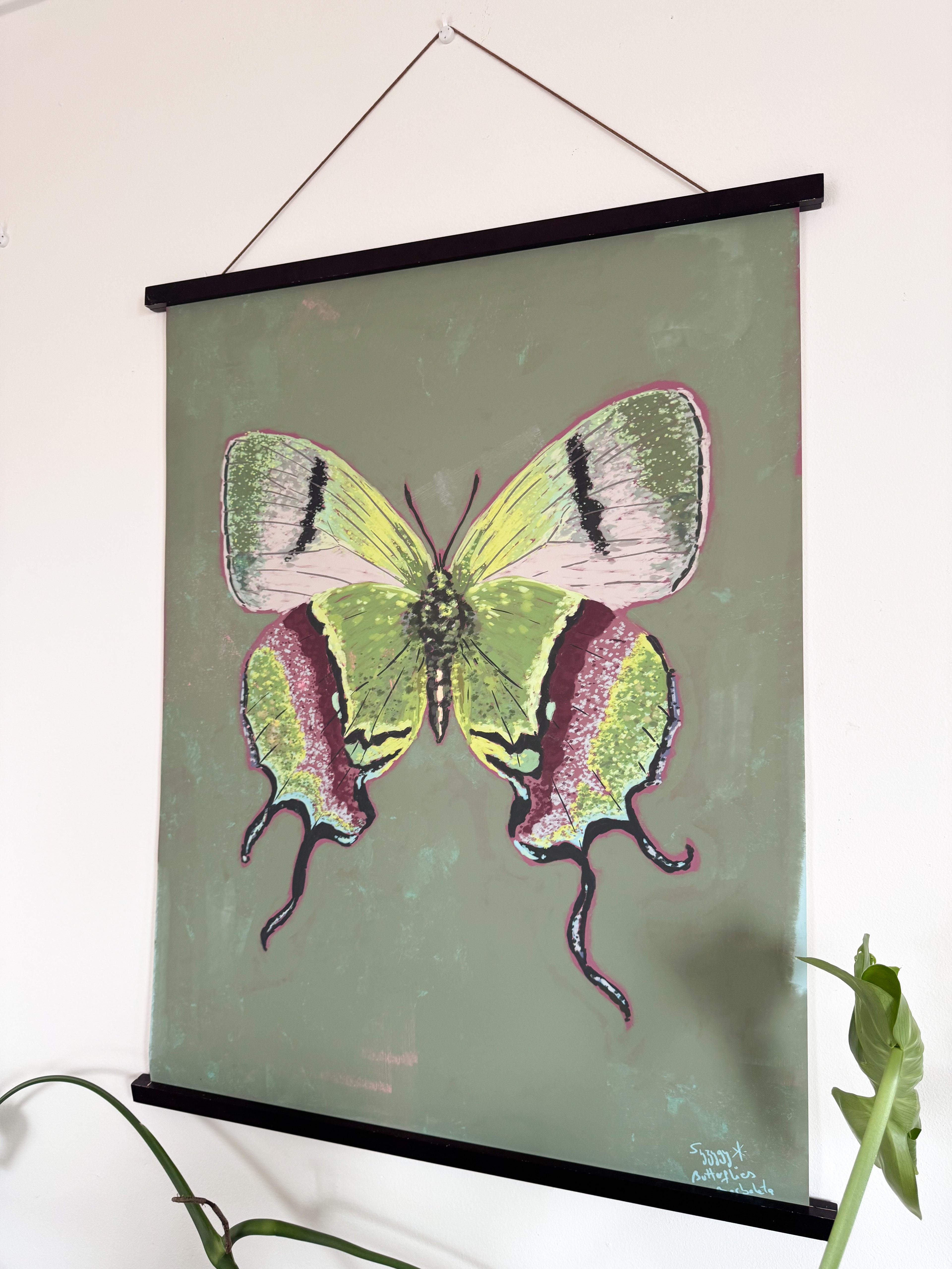Butterfly illustration on a green background with a black frame, hanging on a wall.
