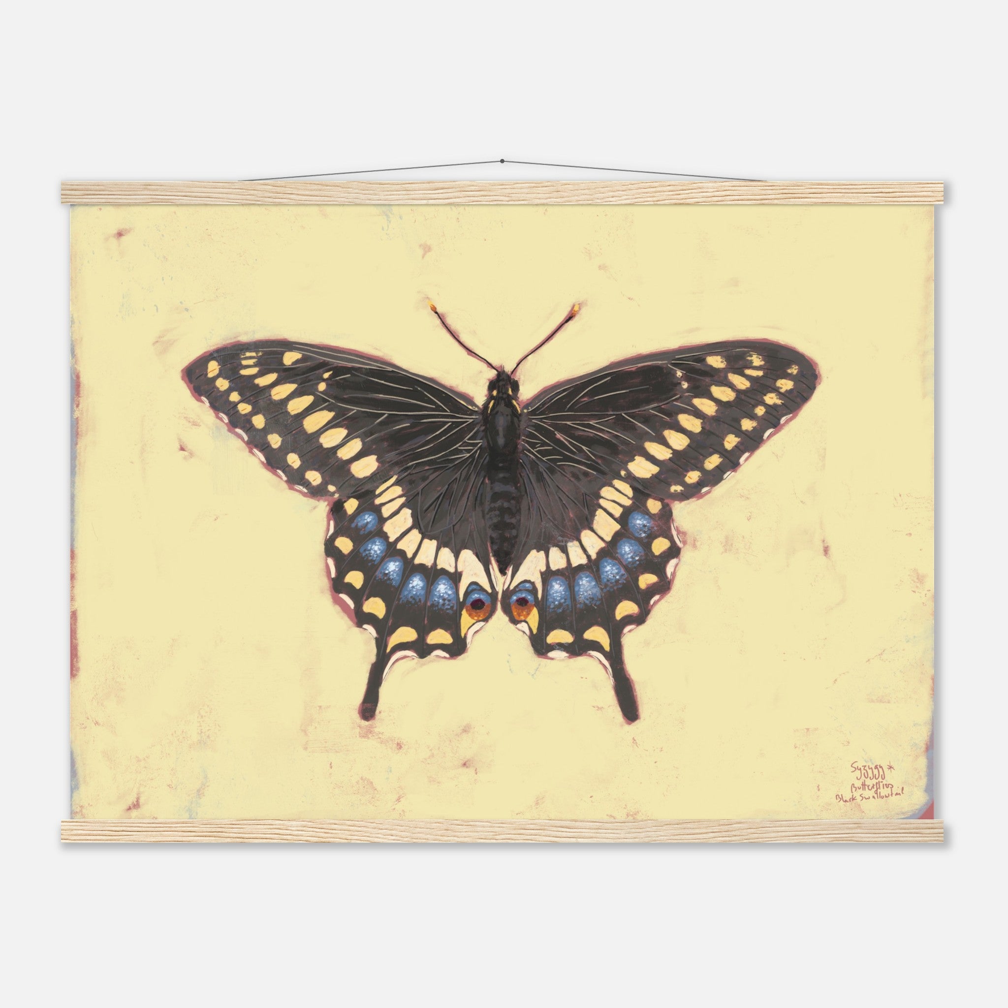 Butterfly illustration on a yellow background with a wooden frame.