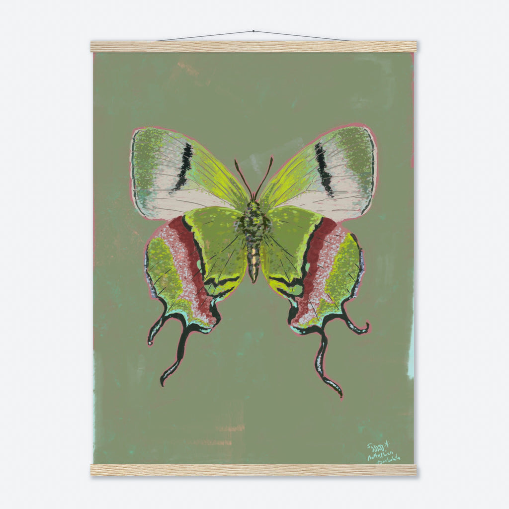 Framed artwork of a green butterfly on a green background