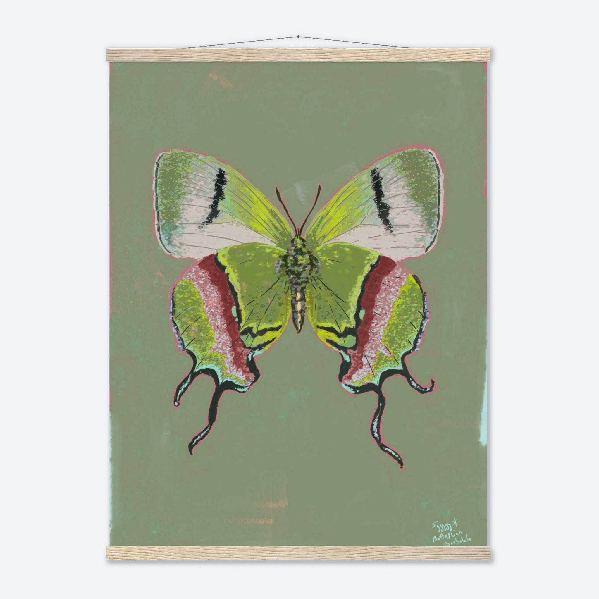 Framed artwork of a green butterfly on a green background