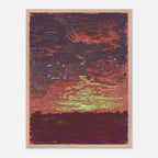 Framed impressionist artwork with a orange sky landscape.