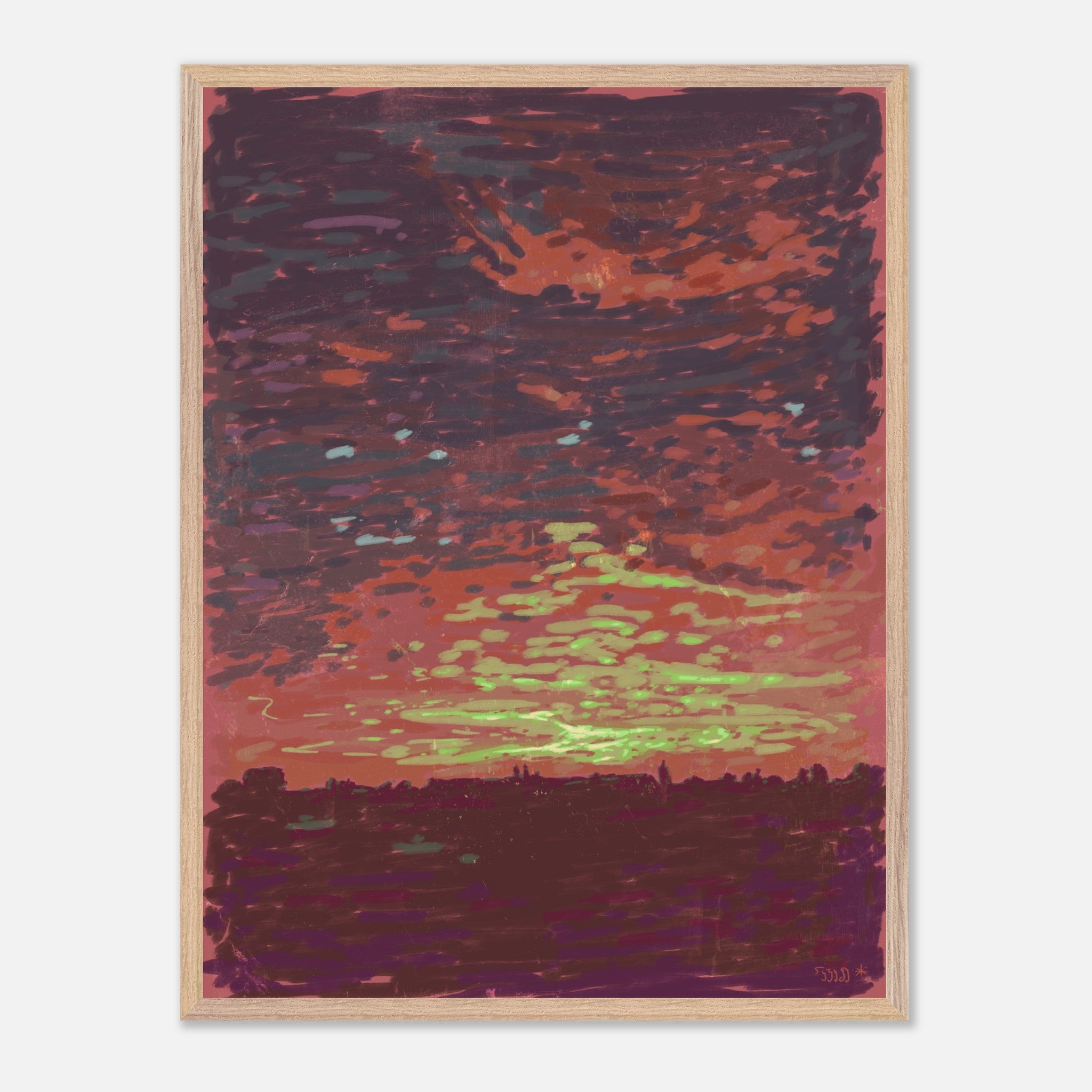 Framed impressionist artwork with a orange sky landscape.