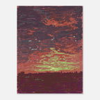 Artistic depiction of a sunset with vibrant colors unframed against a white wall.