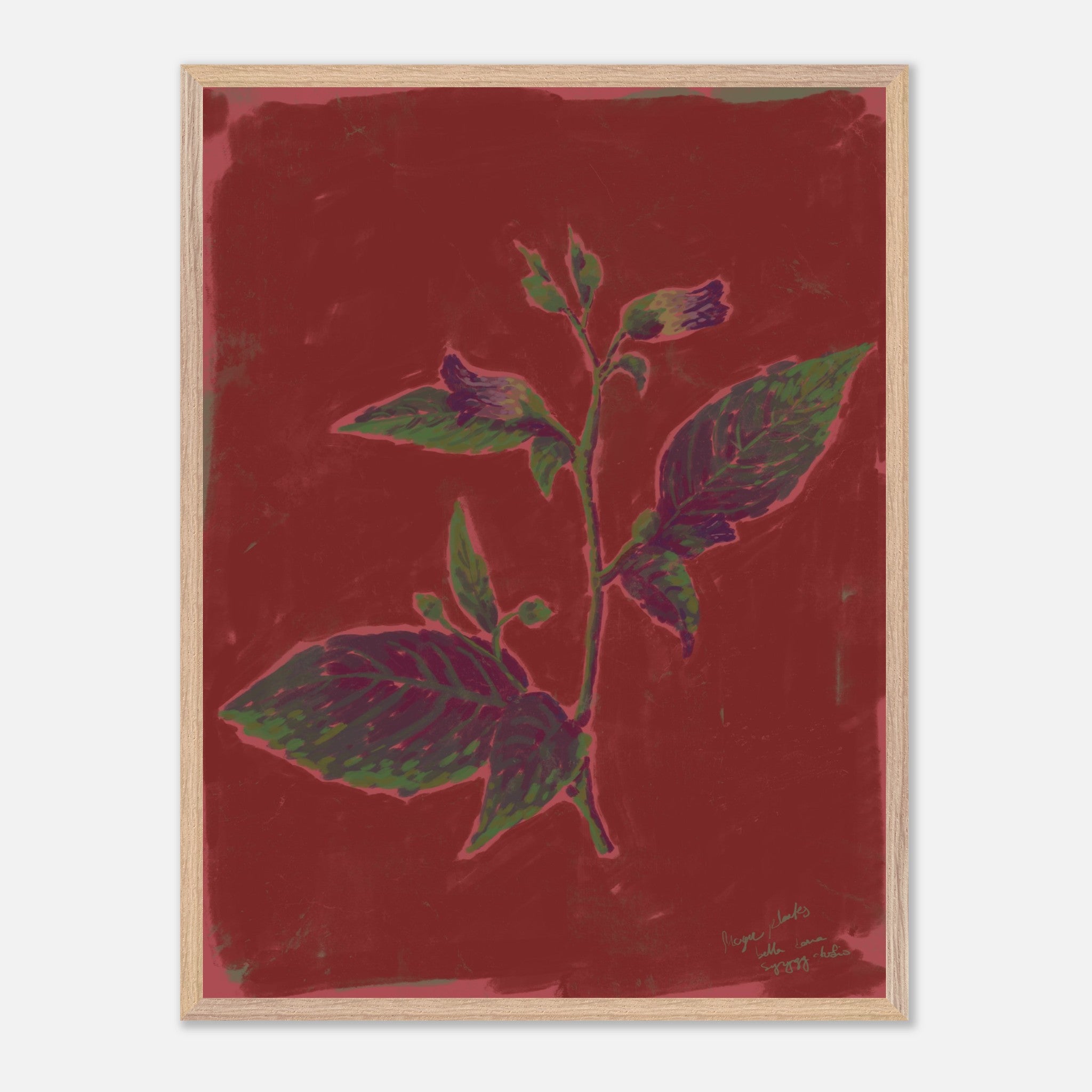 Framed artwork of a plant on a red background