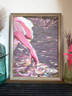 Impressionistic art print of a hand touching the water from a boat and sunbeams reflections