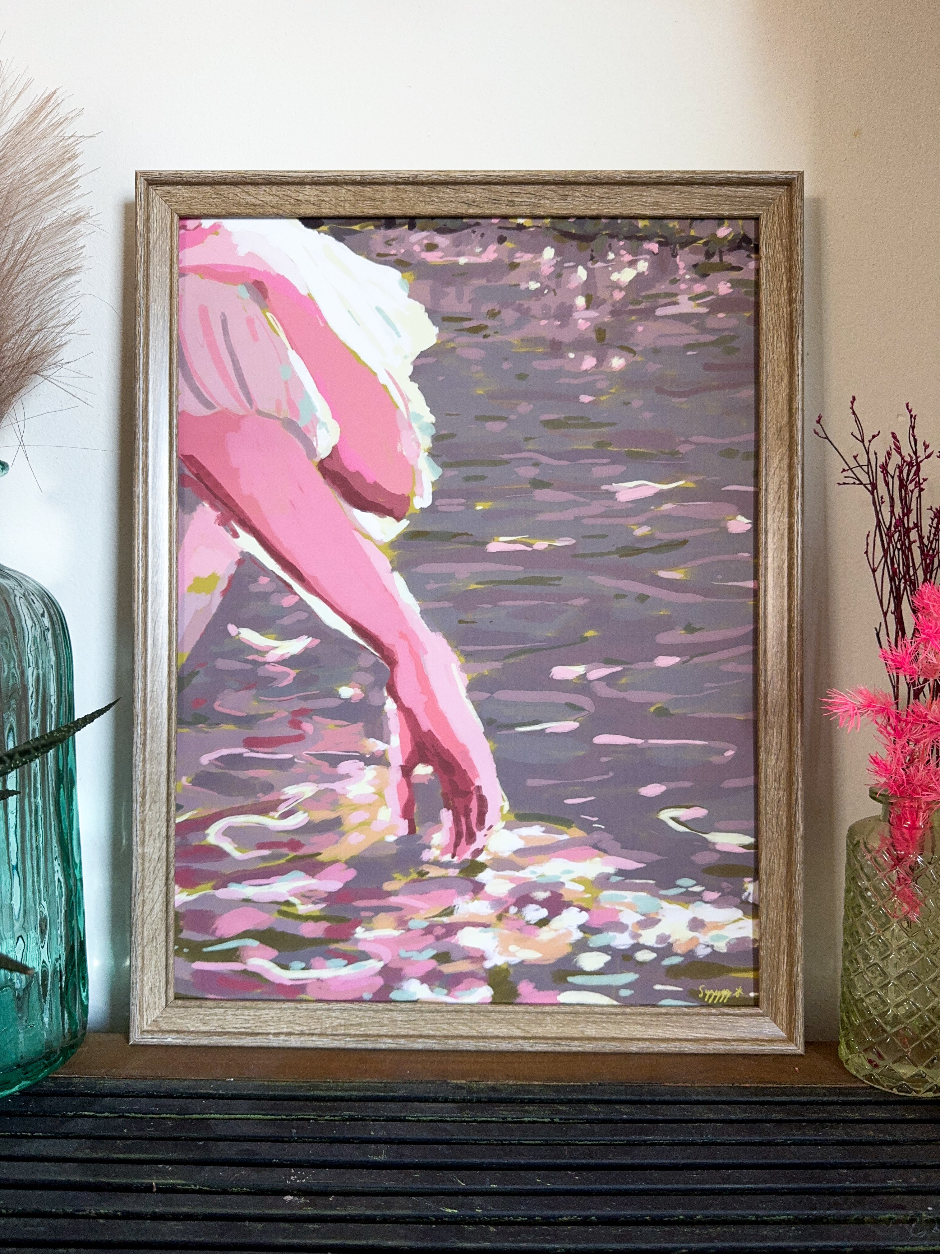 Impressionistic art print of a hand touching the water from a boat and sunbeams reflections