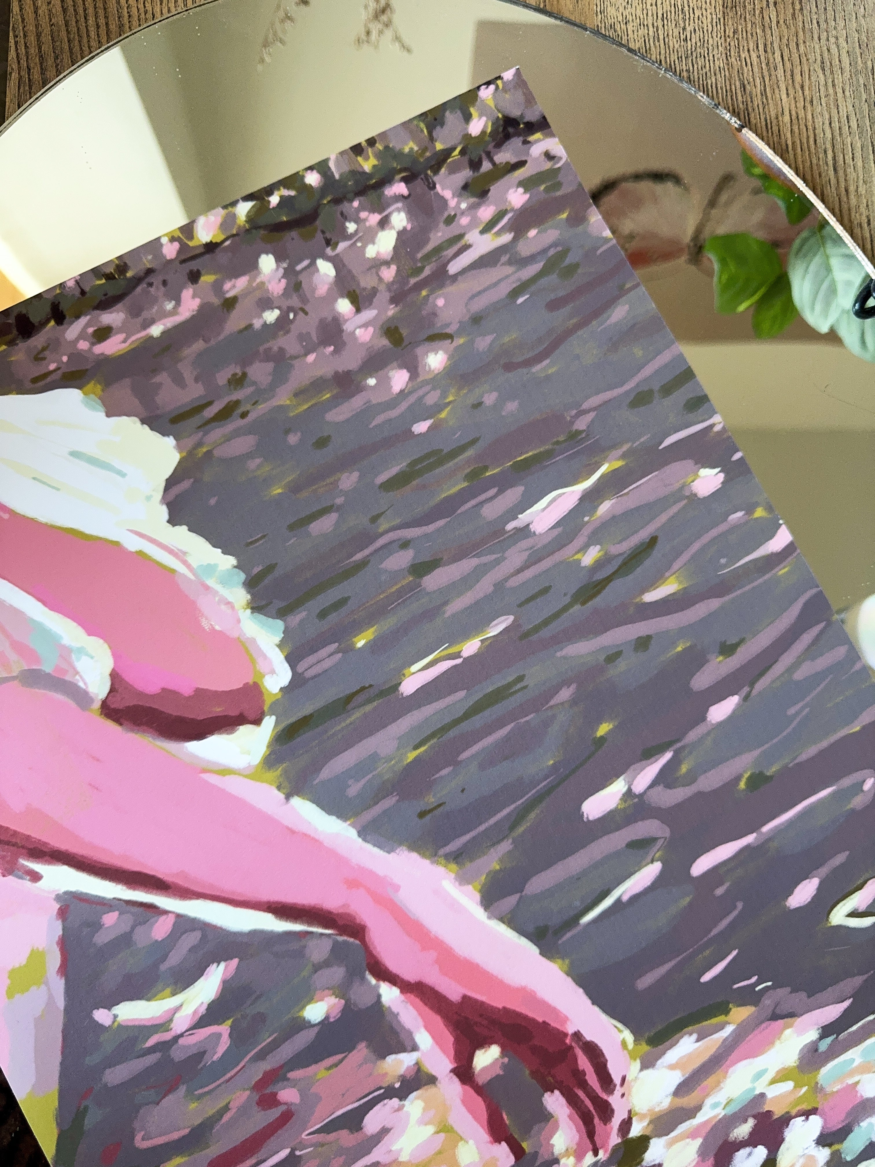 Impressionistic art print of a hand touching the water from a boat and sunbeams reflections, detailed close up