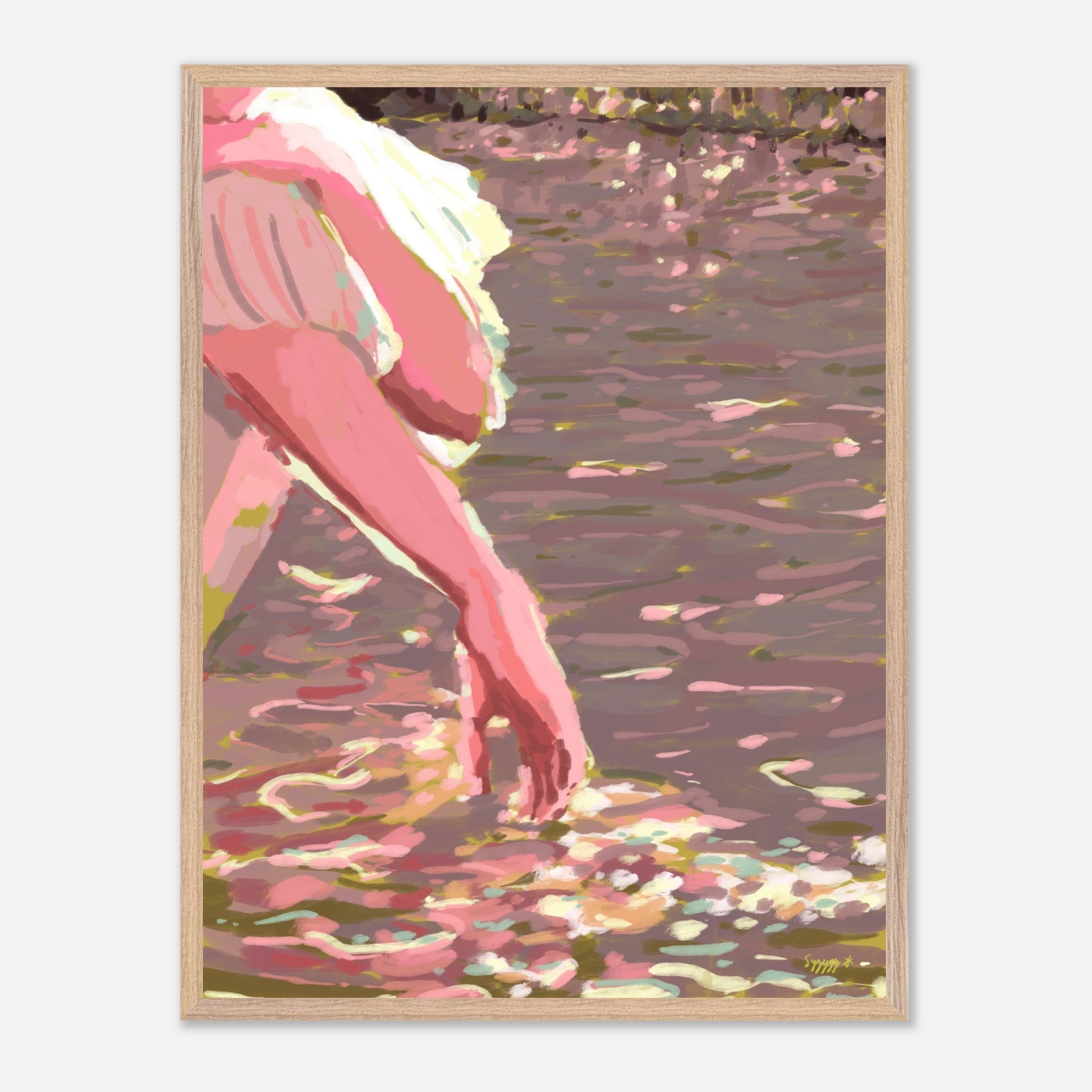 Framed artwork of a hand in water with a wooden frame.