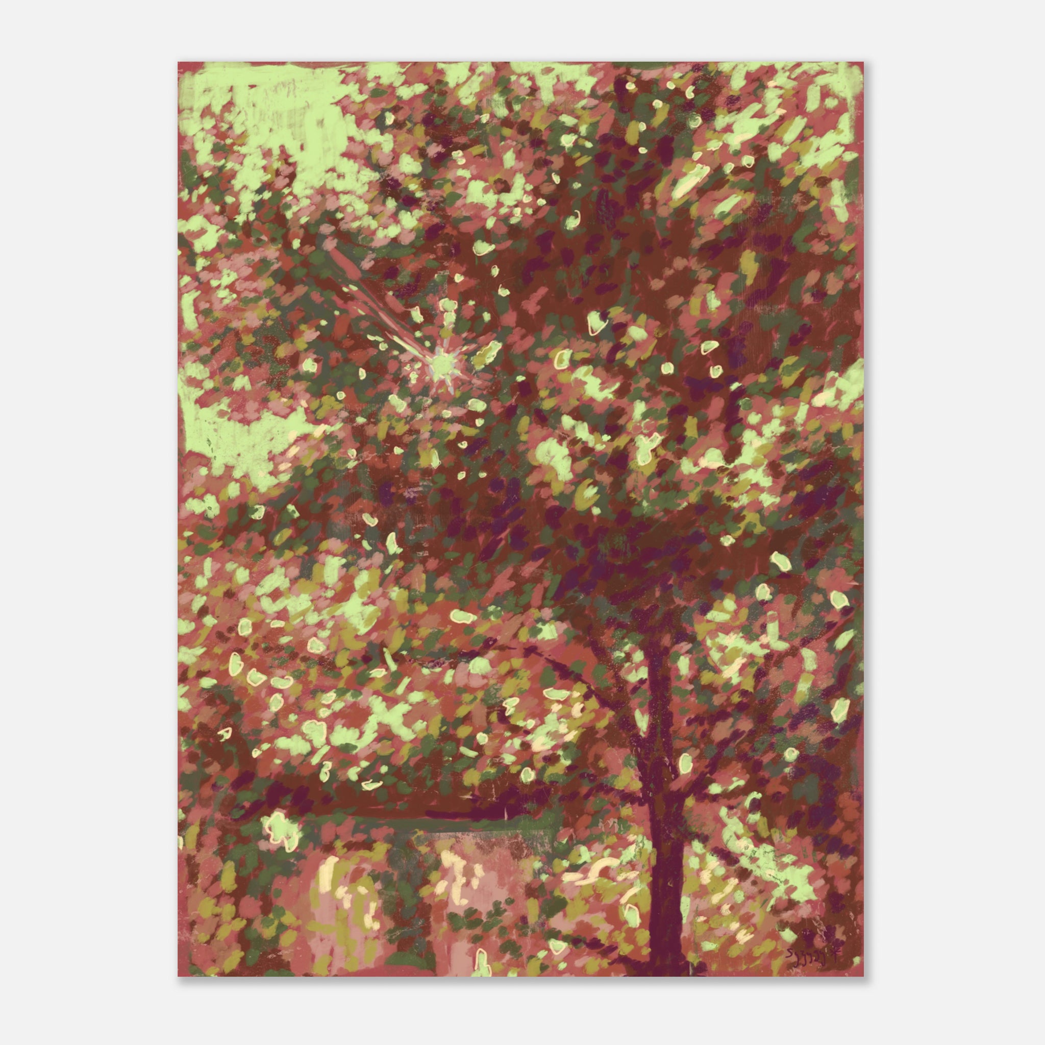 Abstract art of a tree with green and brown colors on a white background