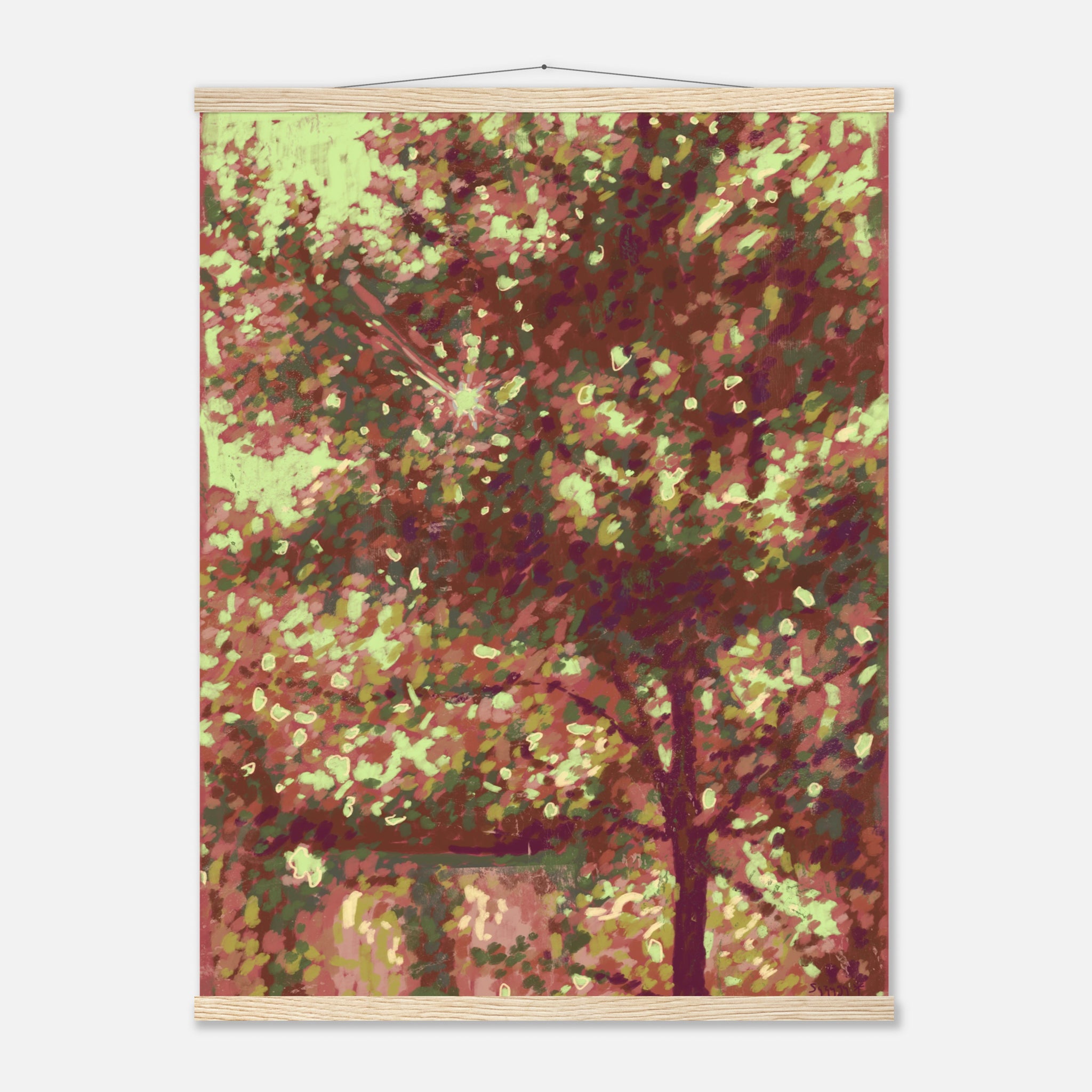 Folding screen with a tree design in red, green, and brown on a white background