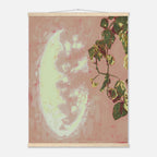 Framed artwork with a moon and plant design on a pink background