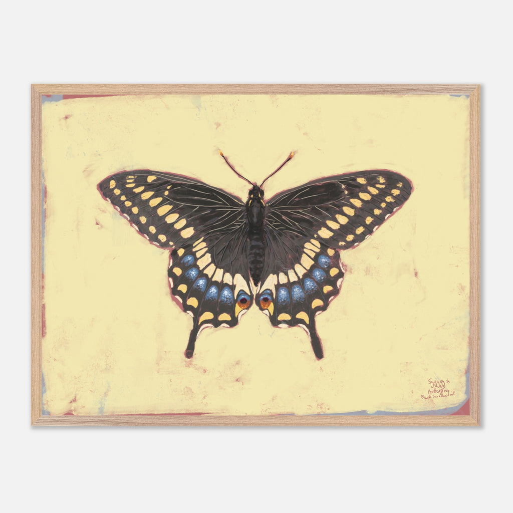 Framed artwork of a butterfly on a yellow background