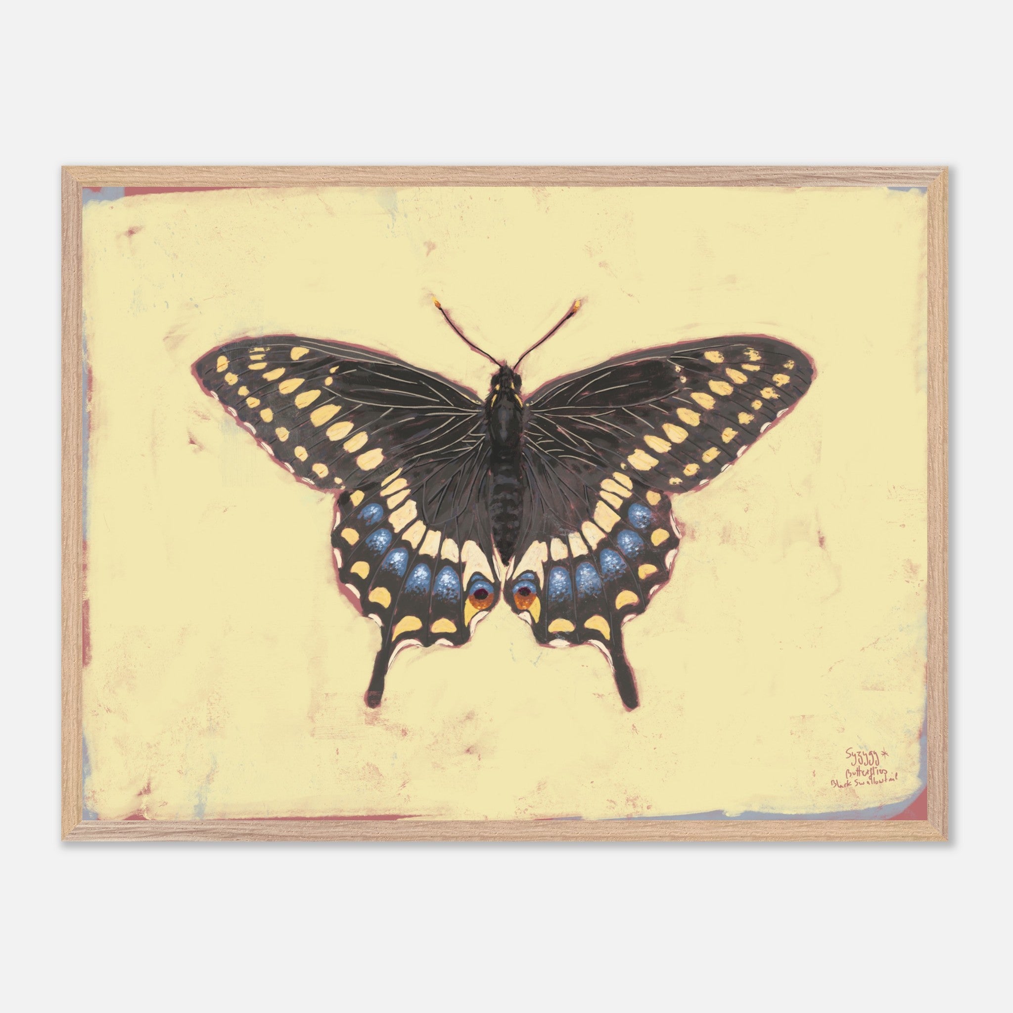 Framed artwork of a butterfly on a yellow background