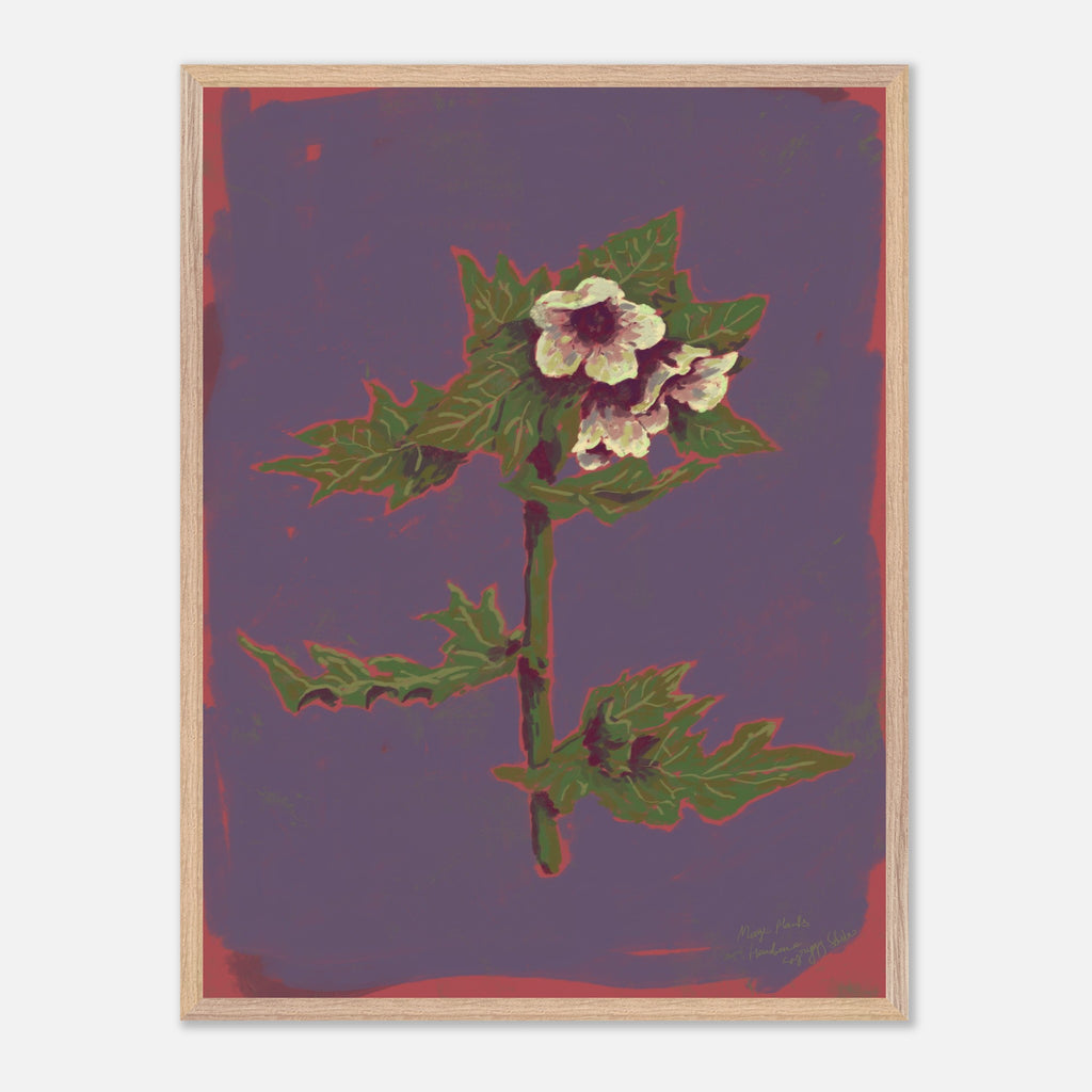 Framed artwork of a floral design on a purple background
