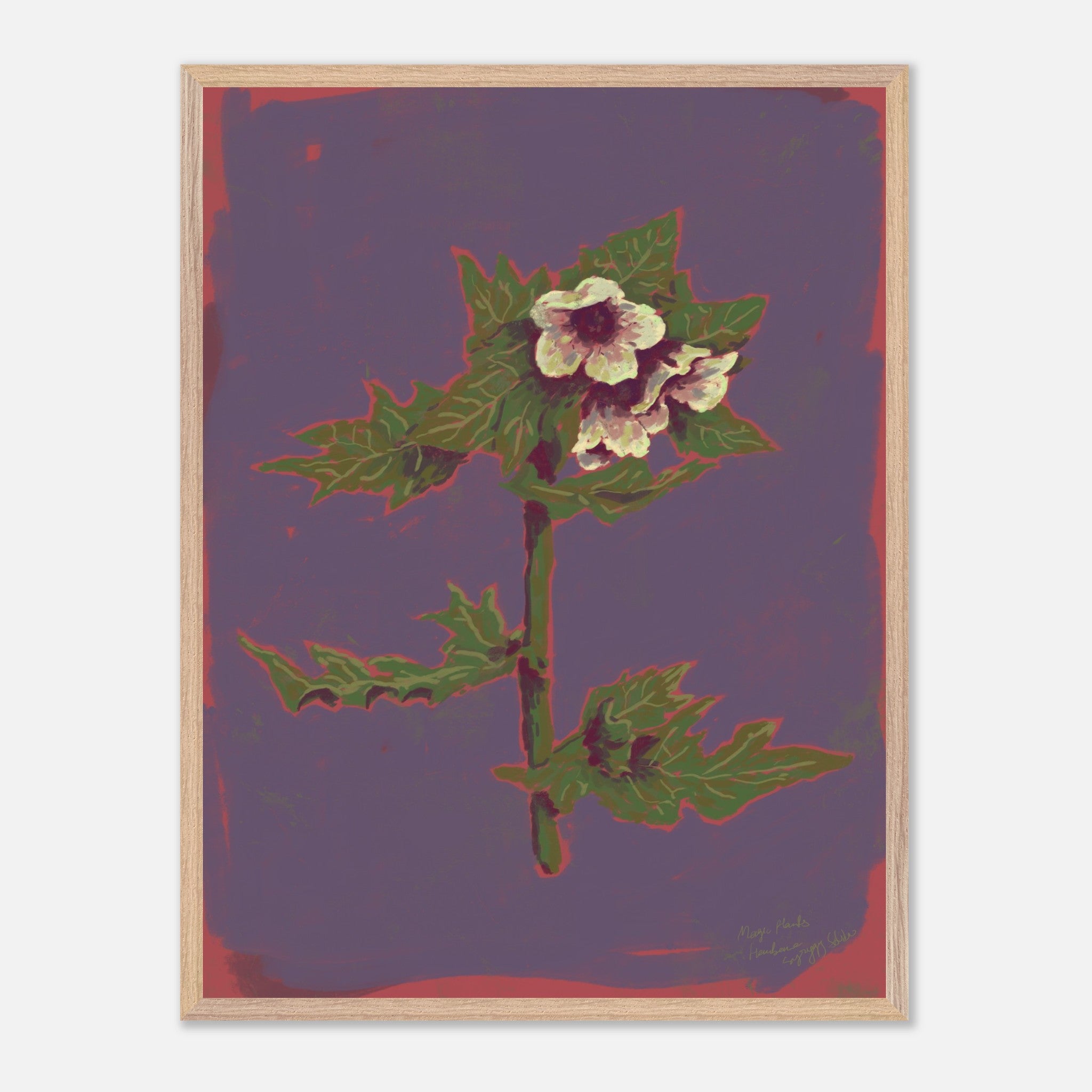 Framed artwork of a floral design on a purple background