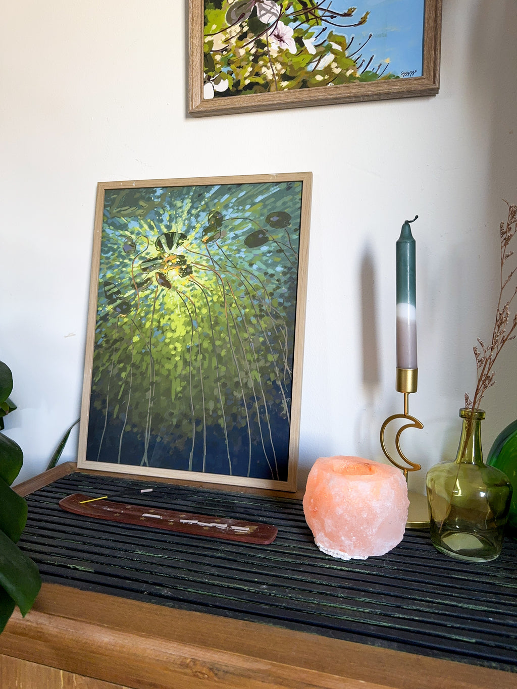 Impressionistic art print of a lake and lily pads in green colors