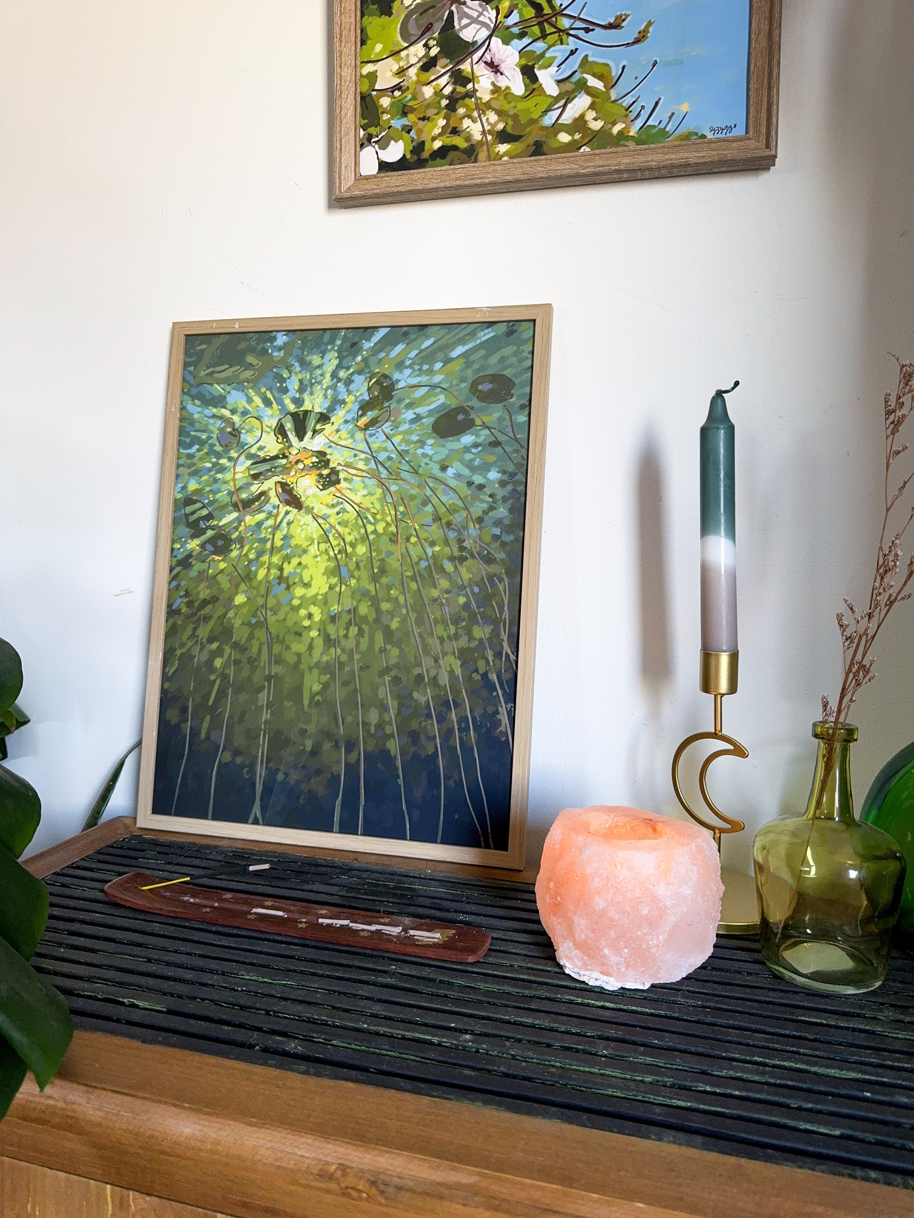 Impressionistic art print of a lake and lily pads in green colors