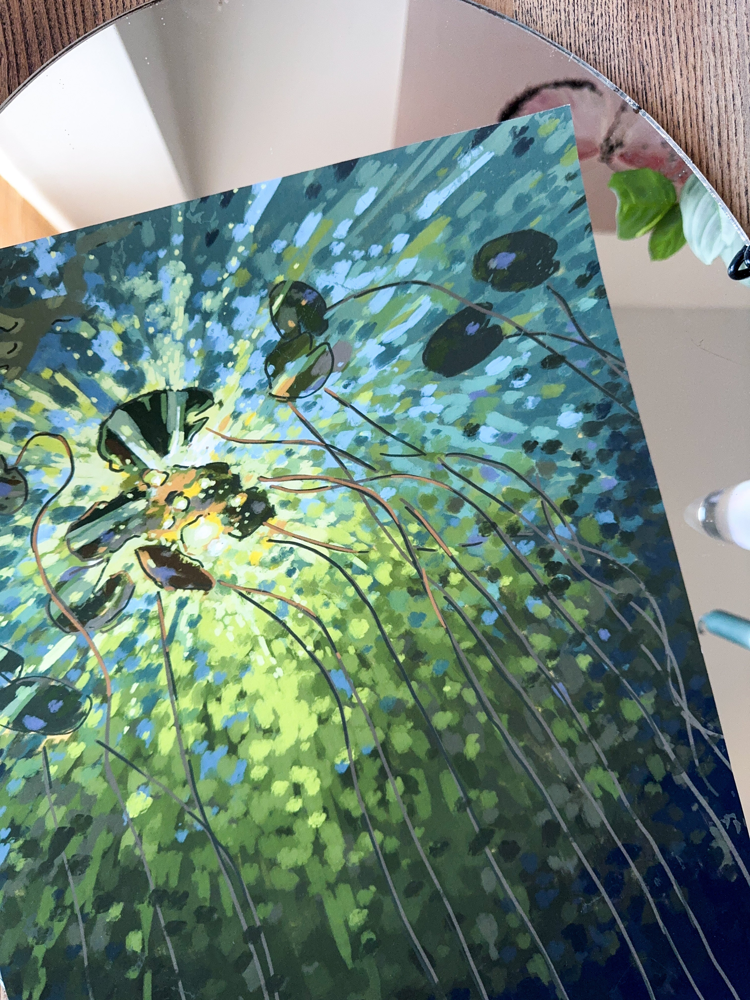 Impressionistic art print of a lake and lily pads in green colors, detailed close up