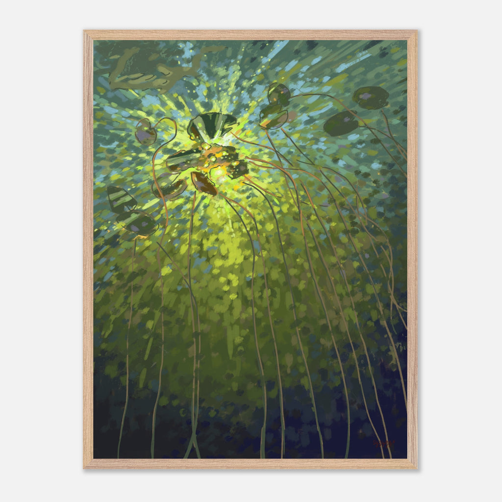 Framed artwork of a lotus pond with green and blue colors