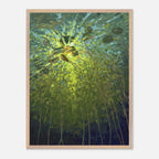 Framed artwork of a lotus pond with green and blue colors
