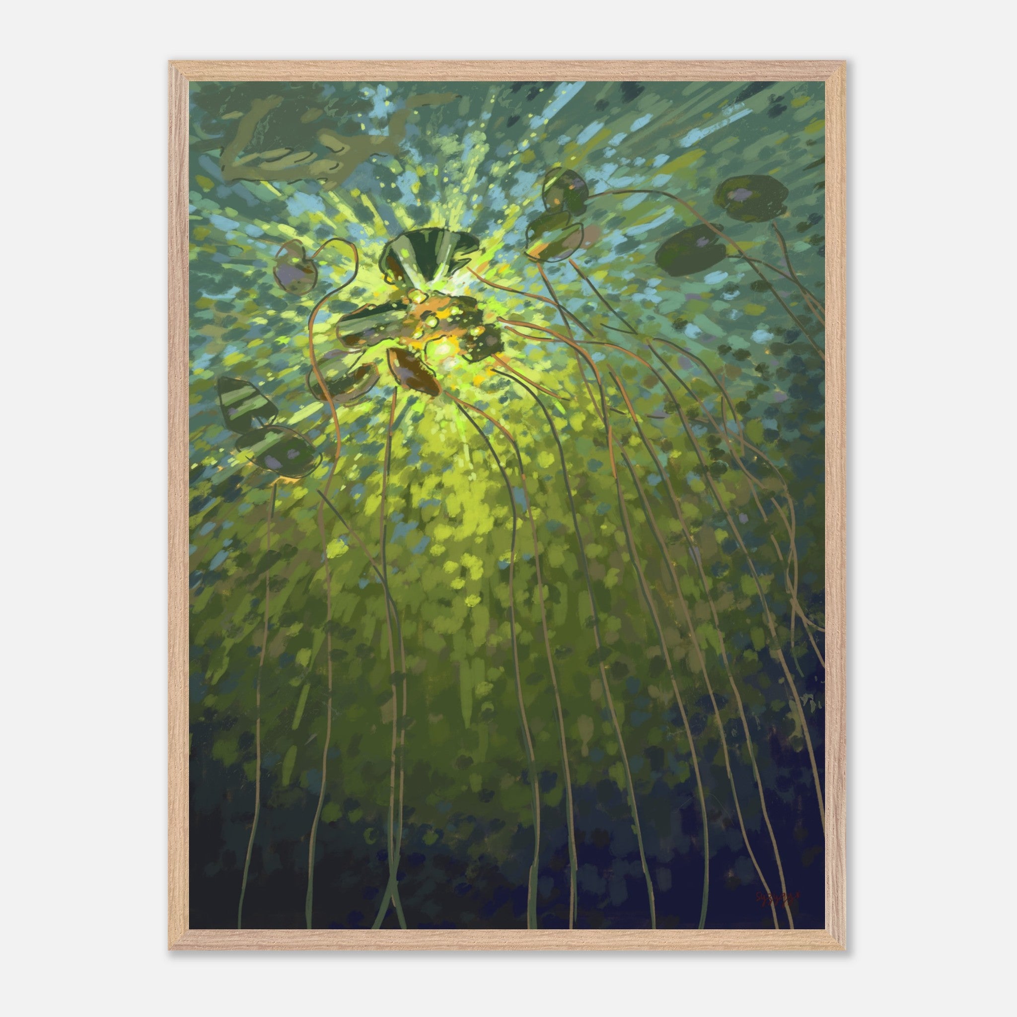Framed artwork of a lotus pond with green and blue colors