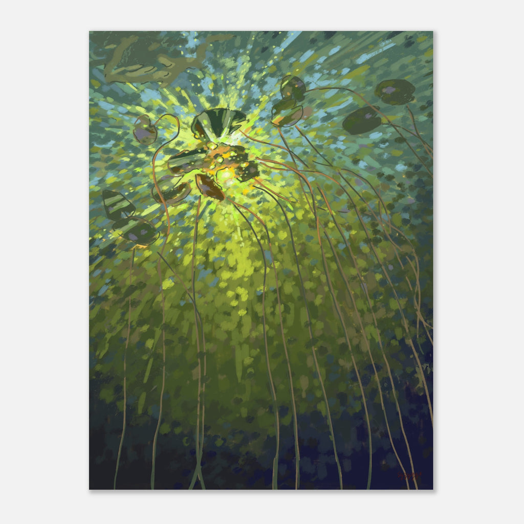 Impressionistic art print of a lake and lily pads in green colors unframed