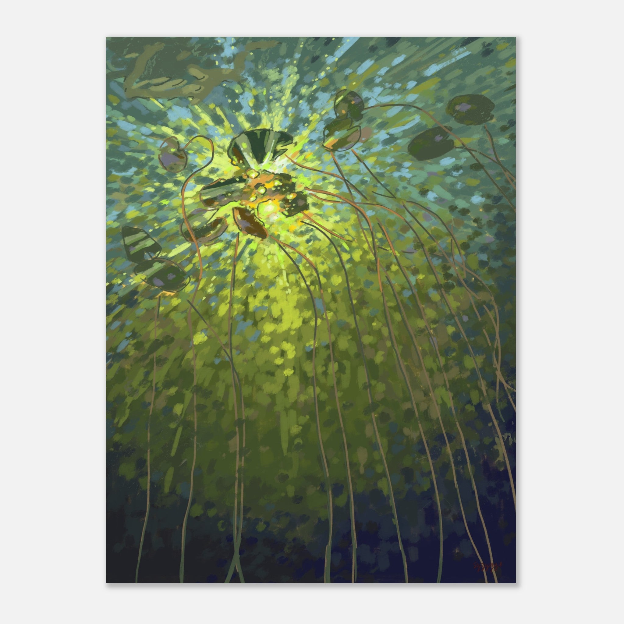 Impressionistic art print of a lake and lily pads in green colors unframed
