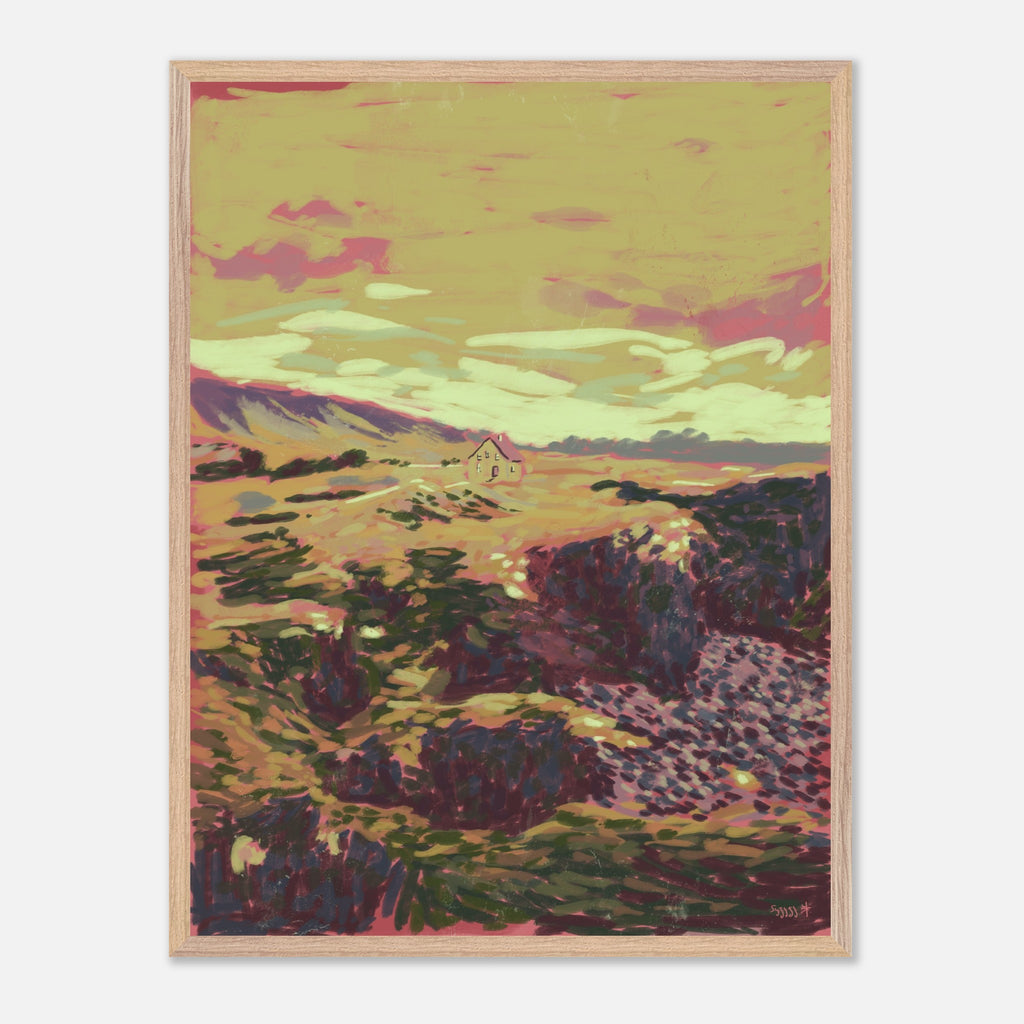 Framed artwork of an Icelandic landscape with mountains and a house, colorful color palette.