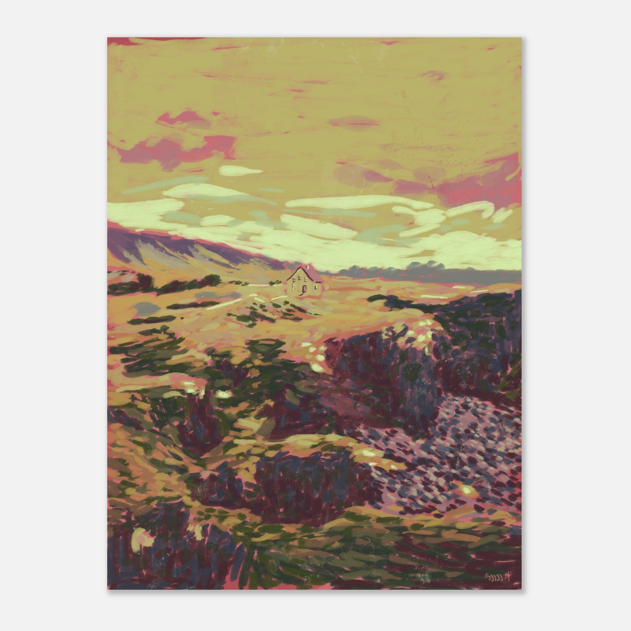 Icelandic landscape art print with a house in the distance under a colorful sky, unframed