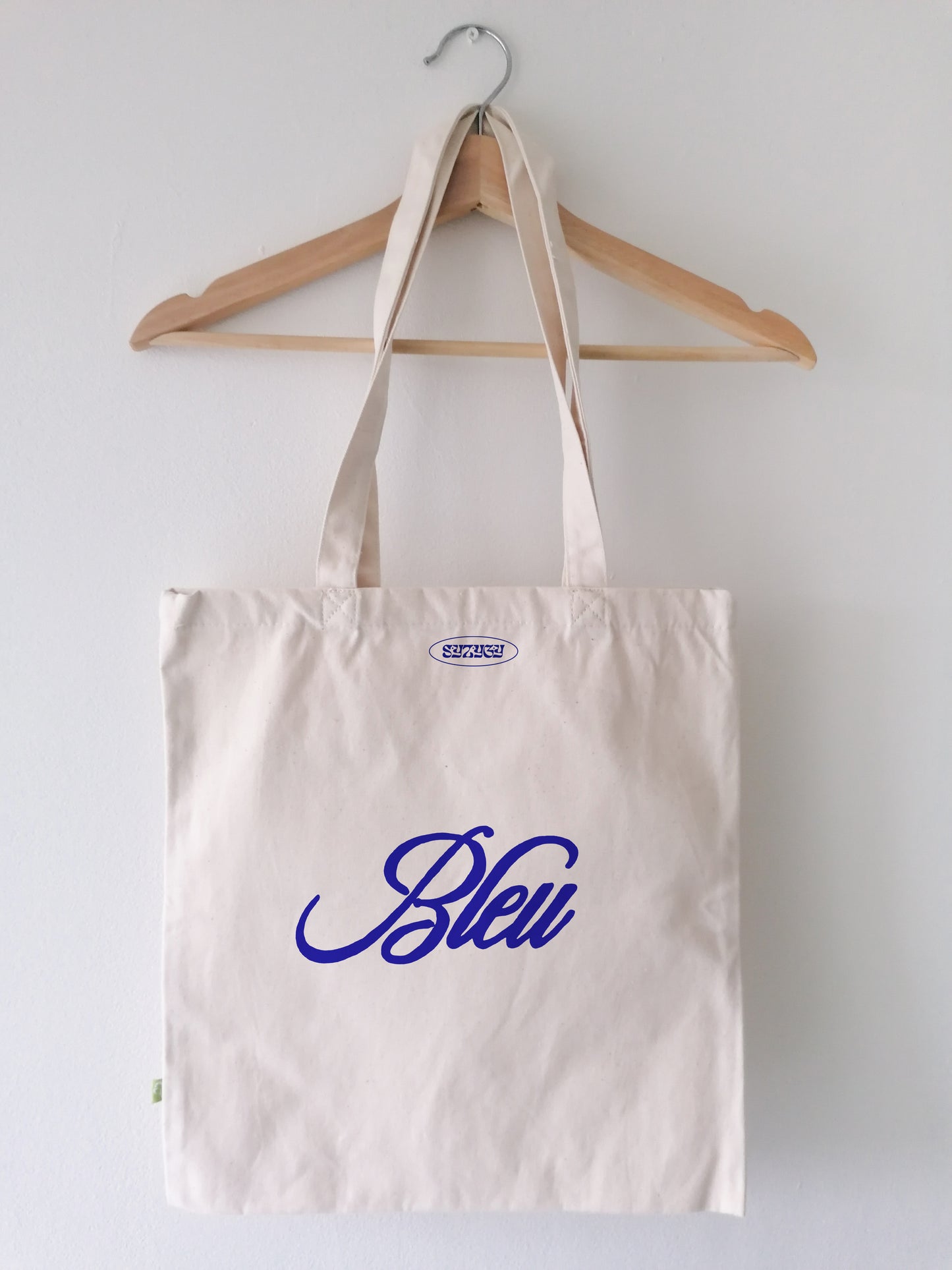 Aesthetic blue natural woman tote bag, retro Bleu lettering shopper