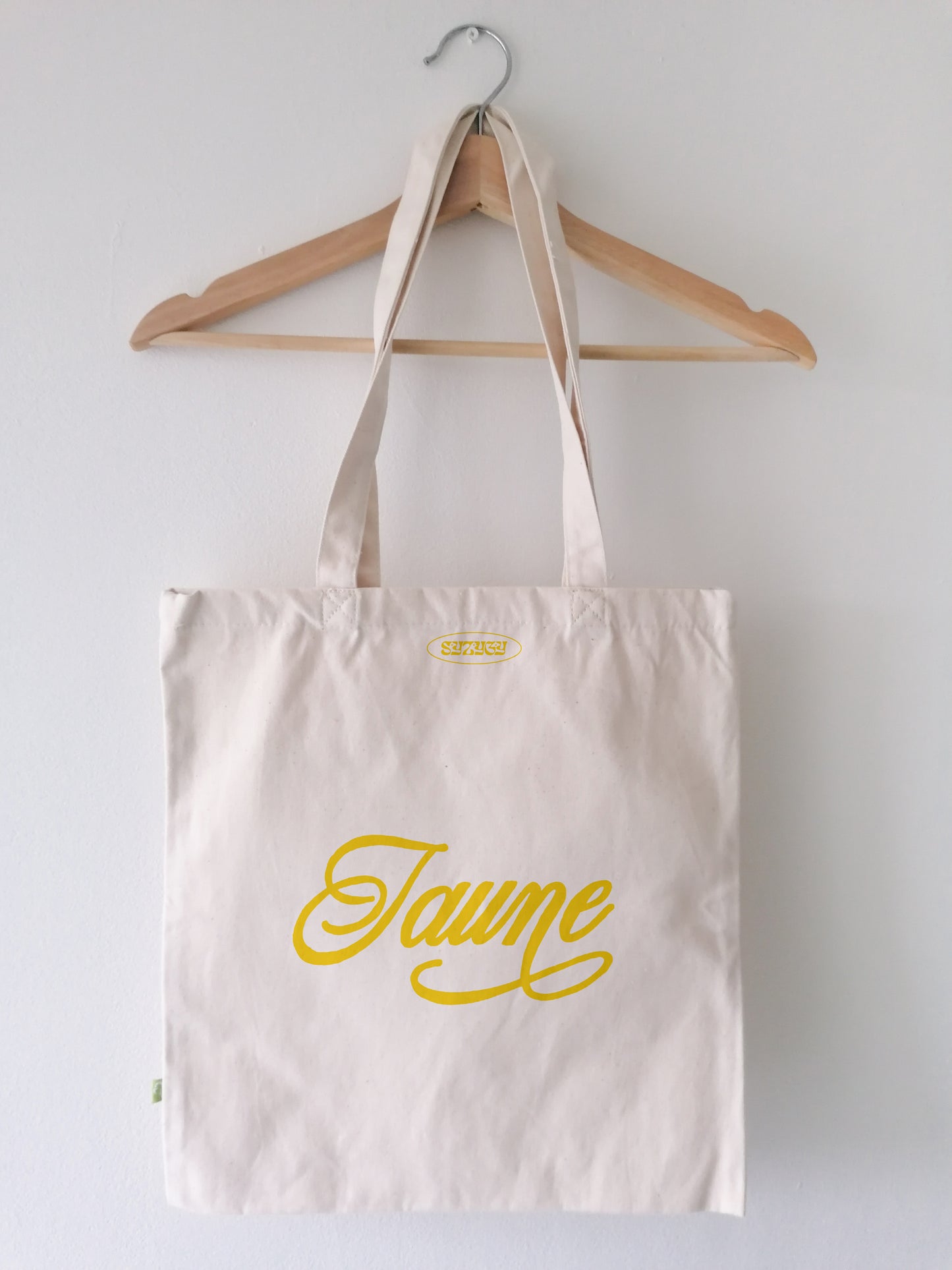 Aesthetic yellow natural woman tote bag, artsy retro jaune lettering shopper