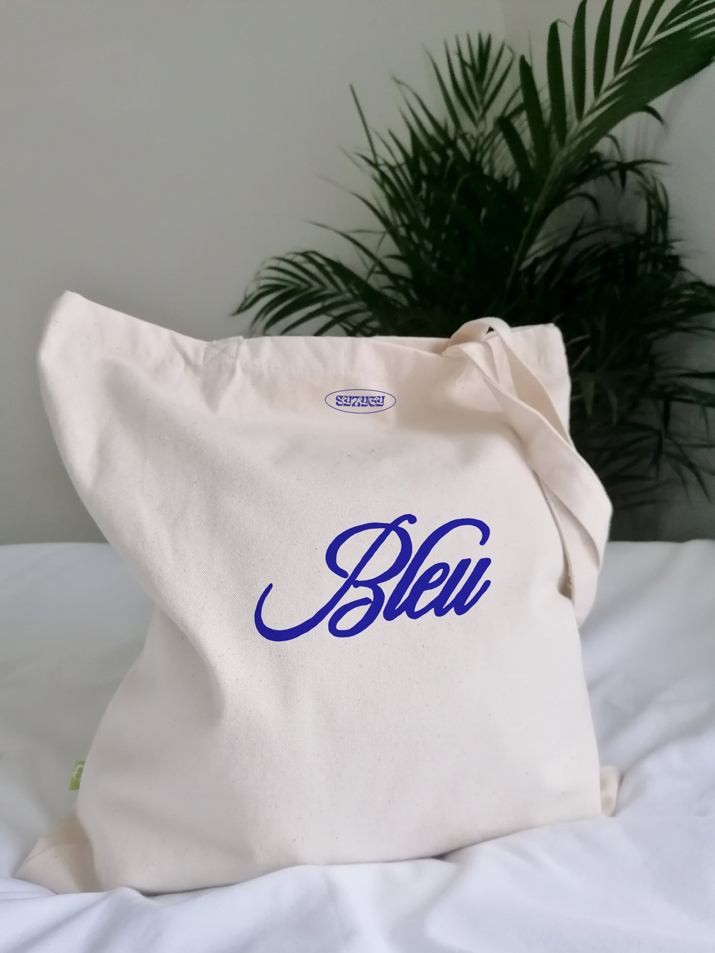 Aesthetic blue natural woman tote bag, retro Bleu lettering shopper