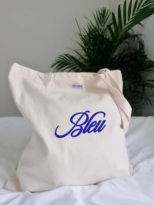 Aesthetic blue natural woman tote bag, retro Bleu lettering shopper