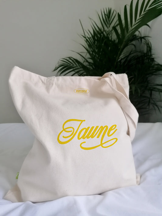 Aesthetic yellow natural woman tote bag, artsy retro jaune lettering shopper