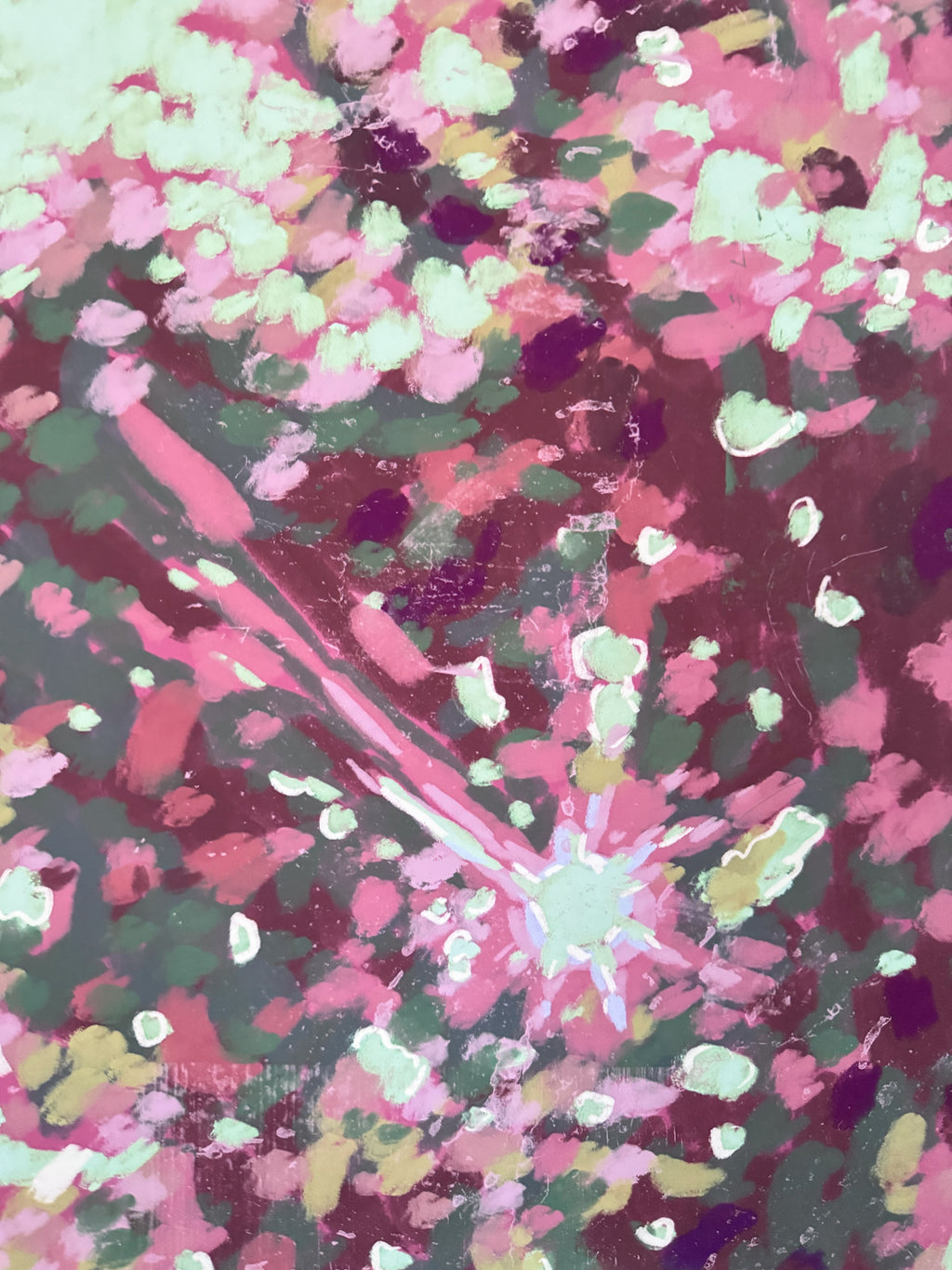 Art print of a colorful impressionist tree  and sunlight, detailed close up