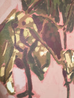 Artistic depiction of a pothos plant with green leaves and pink background