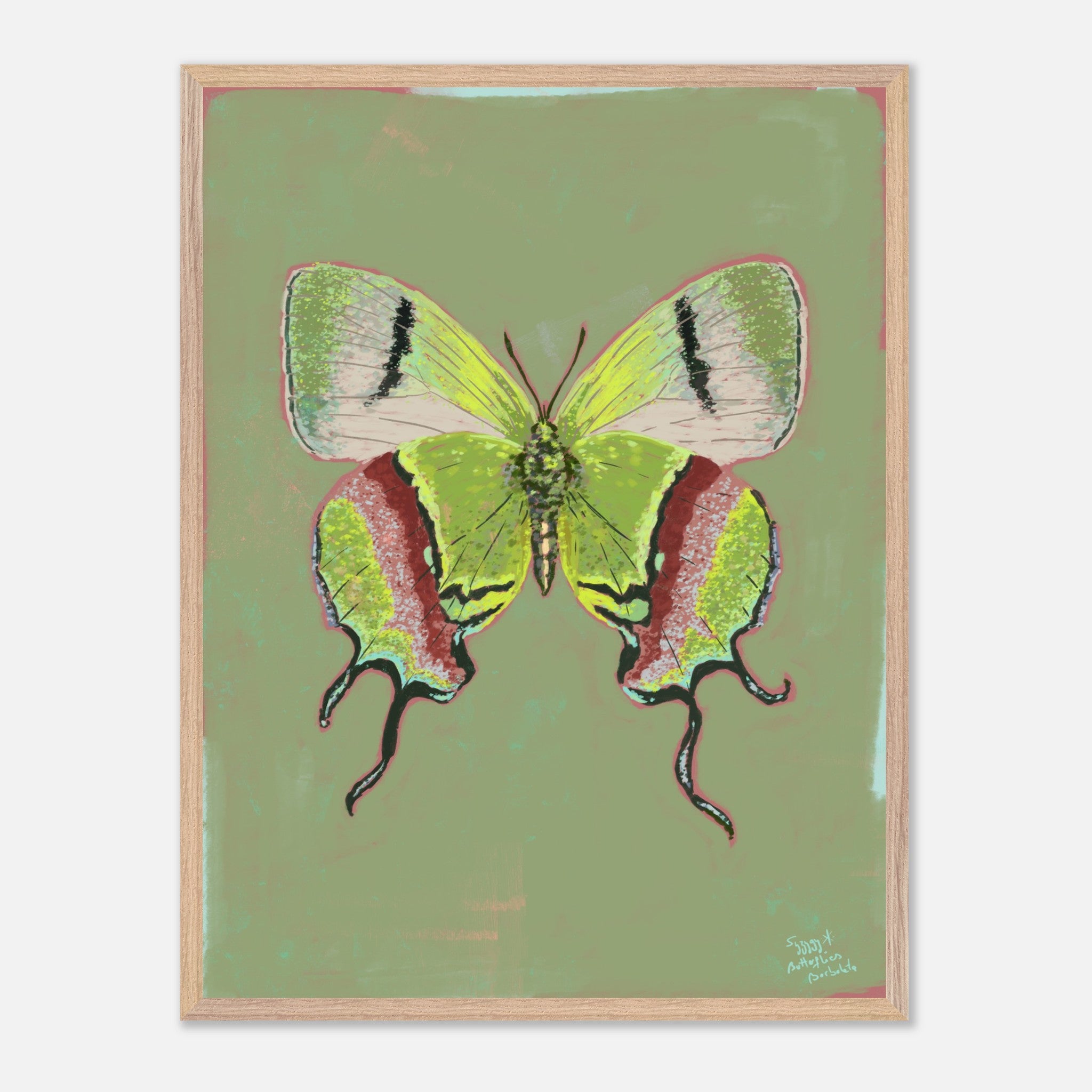 Framed artwork of a green butterfly on a green background