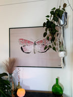 Impressionistic art print of a pink butterfly with beige textured background